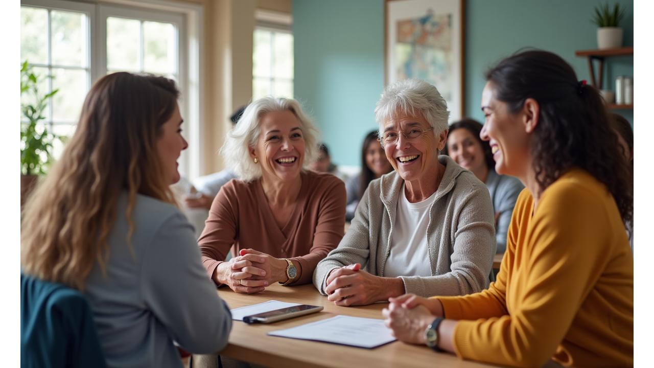 A diverse group of adults 35+ engaged in a wellness workshop, laughing and interacting warmly, set in a bright, modern Nashville community space.