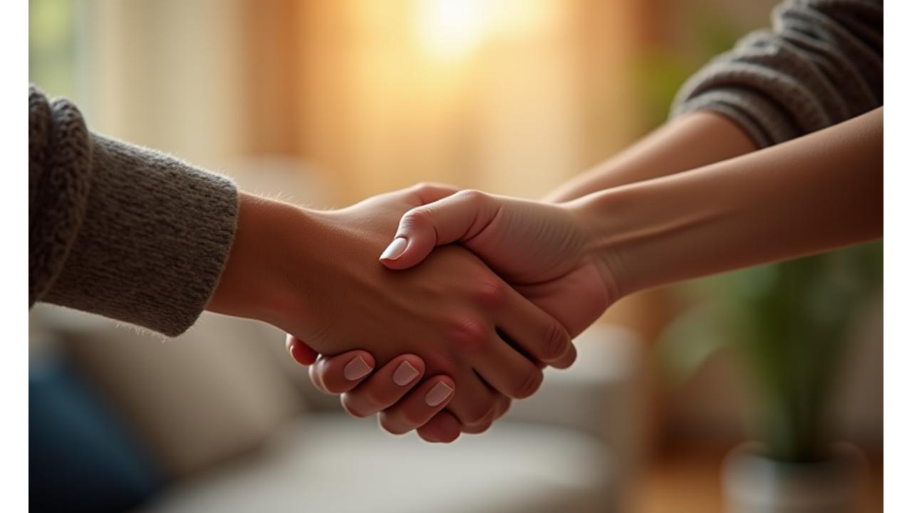 Two hands gently shaking, symbolizing trust, privacy, and a safe online environment.