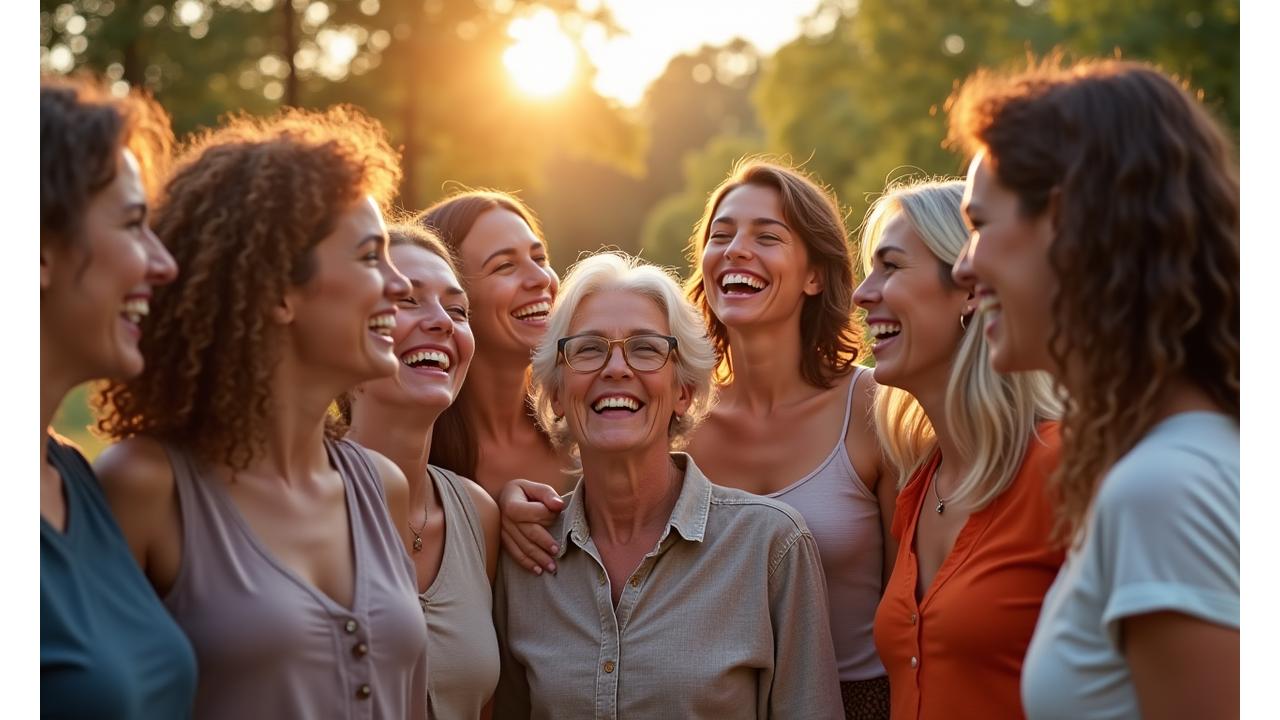 Group of happy, diverse adults smiling and looking engaged, symbolizing a welcoming community.
