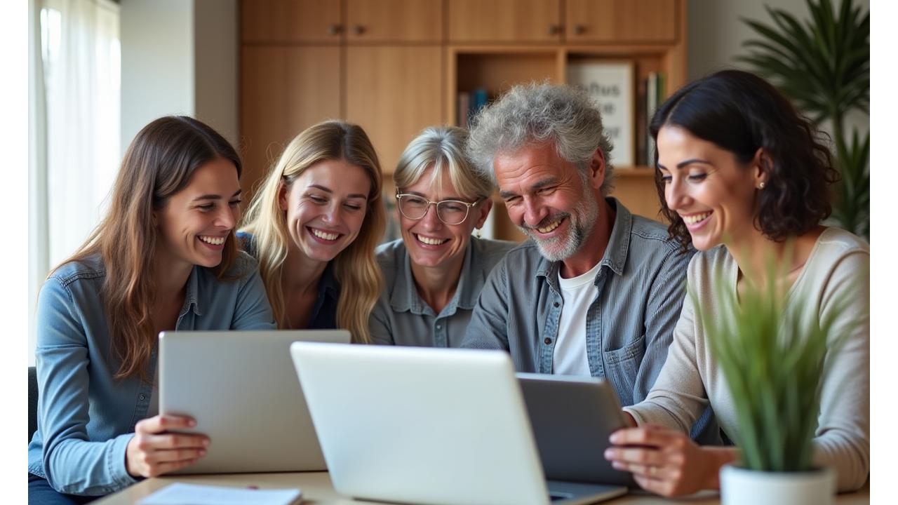 Diverse group of adults smiling and collaborating on a laptop, representing a vibrant online wellness community.
