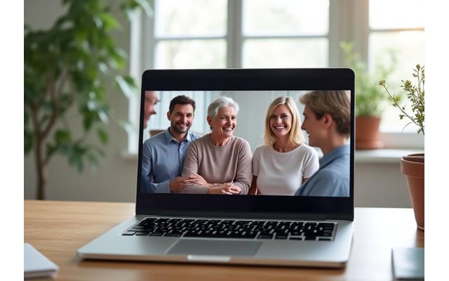 Laptop screen showing a video call with a diverse group of people, symbolizing virtual wellness coaching and community connection.