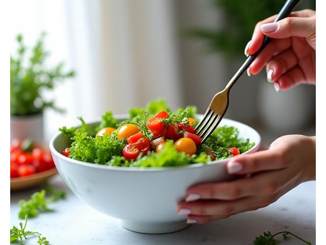 Close-up of a person mindfully eating a vibrant vegetable salad, emphasizing textures and fresh ingredients.