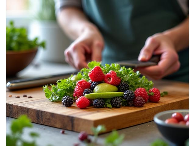 Hands arranging fresh, colorful ingredients on a cutting board, suggesting culinary creativity for healthy meals.