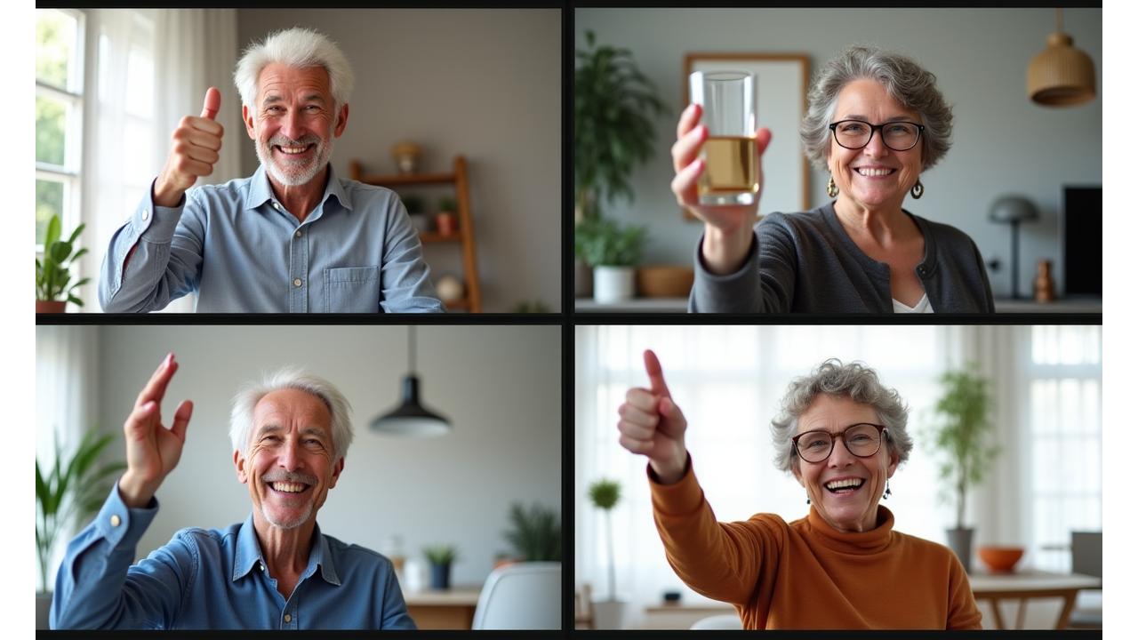 Diverse group of adults celebrating a wellness goal together virtually on a screen, showing connection and success.