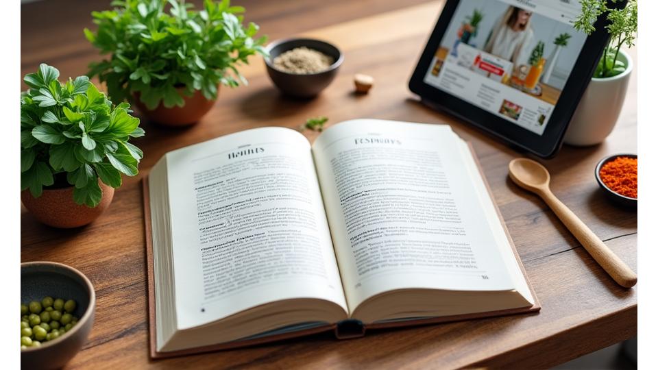 An open, stylish cookbook on a kitchen island surrounded by fresh herbs, vibrant spices, and whole grains, with a tablet displaying a nutritional infographic in the background.