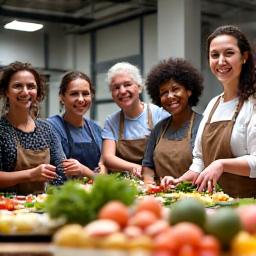 A diverse group of adults intently participating in a vibrant, hands-on cooking class focused on healthy meal preparation, with fresh ingredients visible.