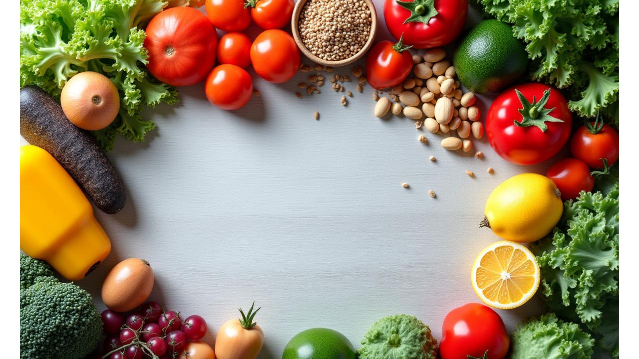 Diverse, fresh, vibrant fruits, vegetables, nuts, and grains artfully arranged on a wooden table, emphasizing natural, whole foods.