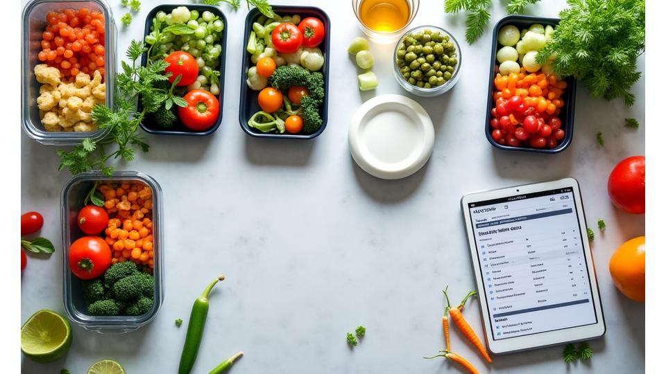 Overhead shot of a beautifully organized kitchen counter with labeled meal prep containers, fresh ingredients, and a tablet displaying a digital meal plan, conveying efficiency and order.