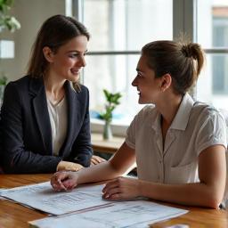 A certified nutritionist warmly guiding an adult client through a personalized nutrition plan in a bright, modern office setting, showing attentive listening and empathetic support.