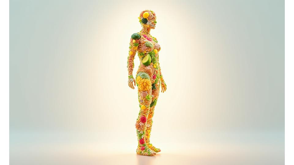 Illustration of a person's silhouette filled with a vibrant, intricate network of healthy food icons and biochemical symbols, representing personalized nutrition.