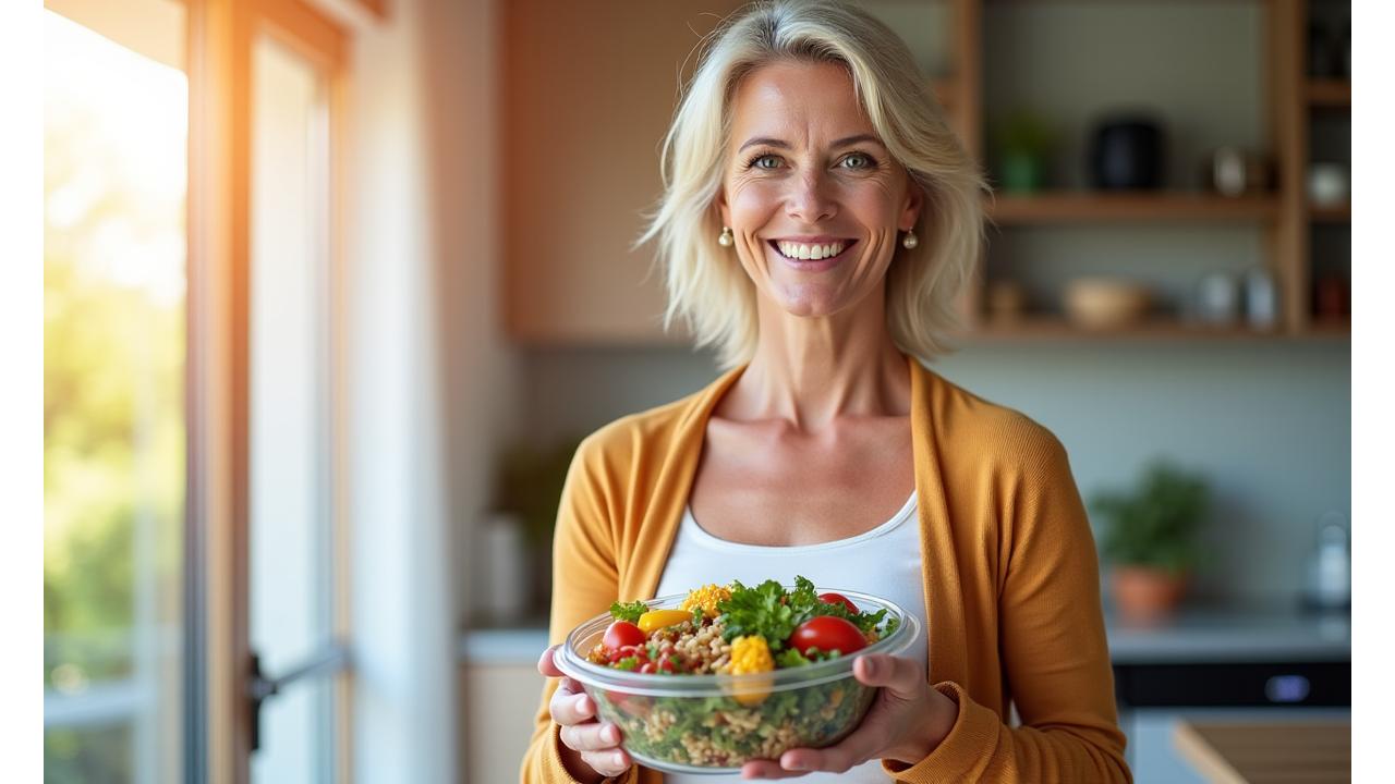 A woman in her 40s smiling confidently while holding a freshly prepared healthy meal container, looking vibrant and well-nourished, against a soft, bright background.