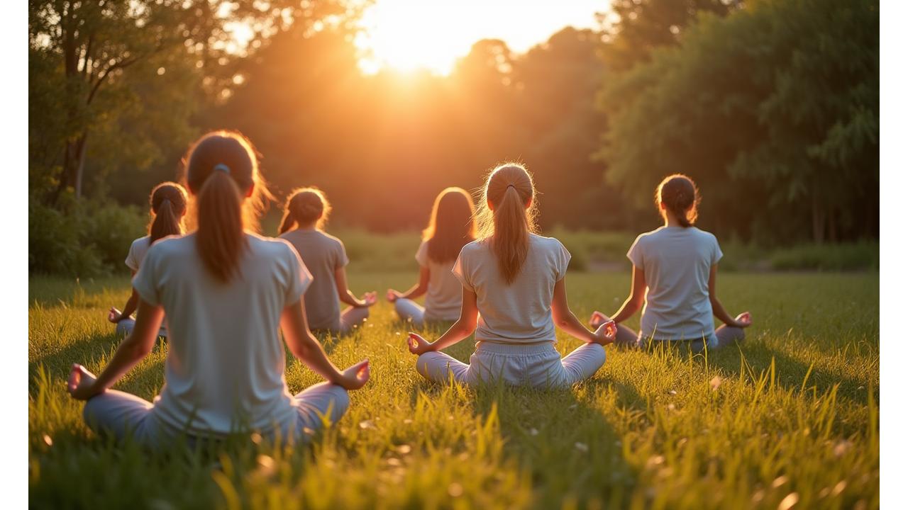 Diverse group of adults 35-60 engaged in various serene wellness activities like mindful walking, stretching, and quiet reflection in a bright, natural setting.