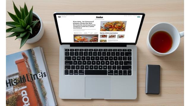 Open laptop displaying AuraWell Collective's health blog with articles about healthy eating and mindfulness.