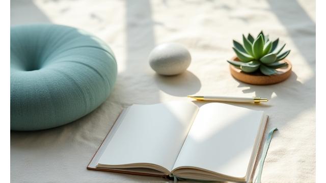 A serene setting with a meditation cushion, subtle light, and a journal, representing mindfulness.