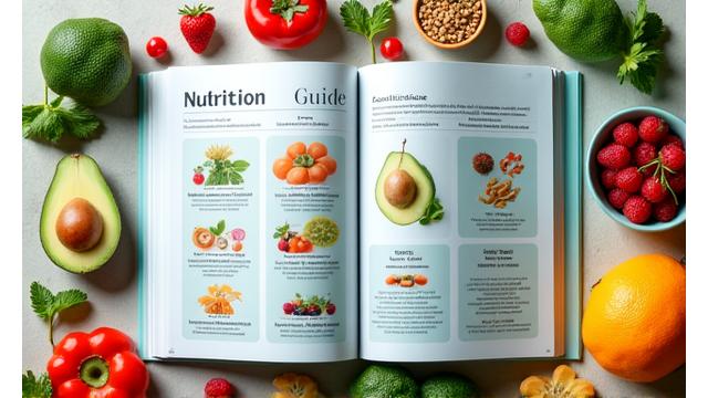 A beautifully laid out nutrition guide book with fresh fruits and vegetables around it.