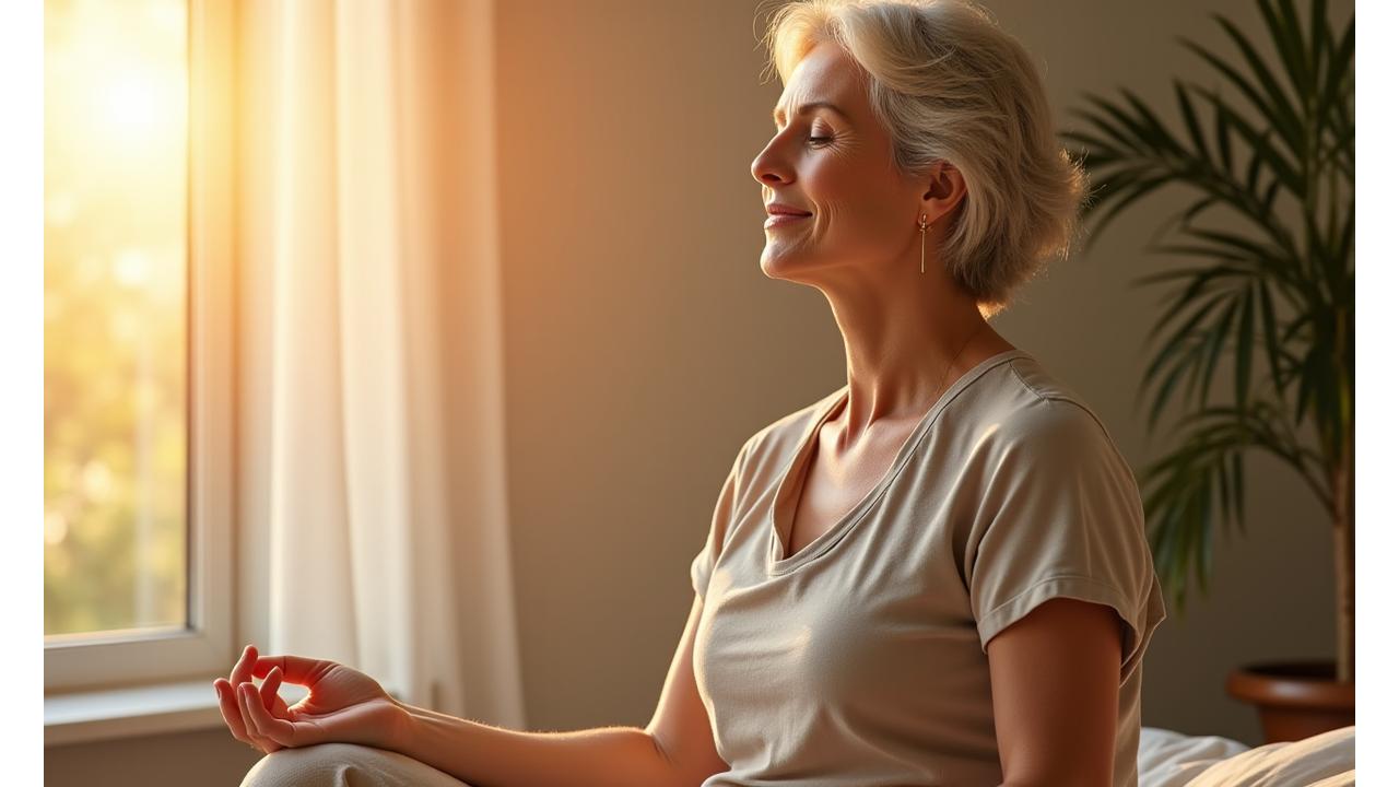 Serene woman meditating with soft light, representing finding inner peace amidst modern life's demands.