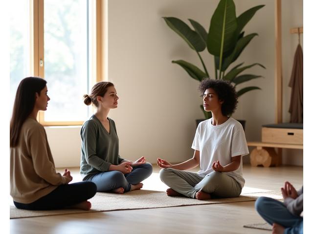 Small group of adults practicing seated meditation in a tranquil, light-filled studio space in Nashville.