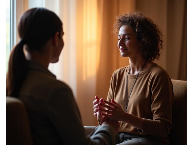 Mindfulness coach providing one-on-one guidance to an adult client in a private, gentle setting.