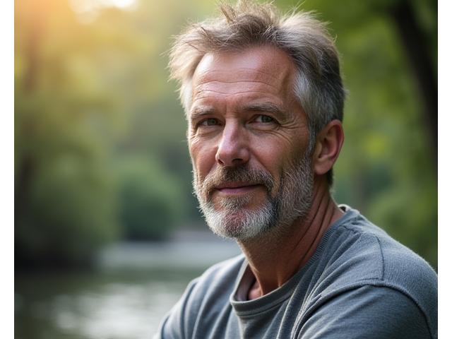 Relaxed man in his early 50s, David, outdoors, looking reflective and at peace.