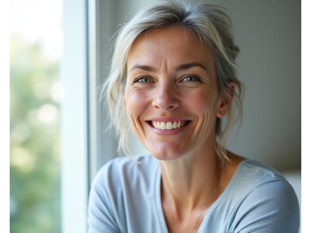 Smiling woman in her late 40s, Emma, looking relaxed and content, perhaps after a meditation session.