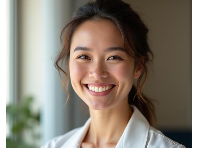 Empathetic woman in her late 30s, Sarah, smiling genuinely, conveying a sense of emotional balance.