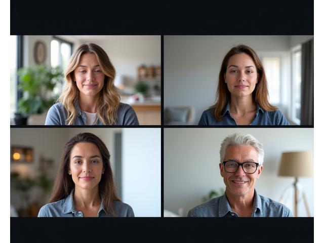 Diverse group of adults on a video call, engaged in a virtual mindfulness session from their homes.