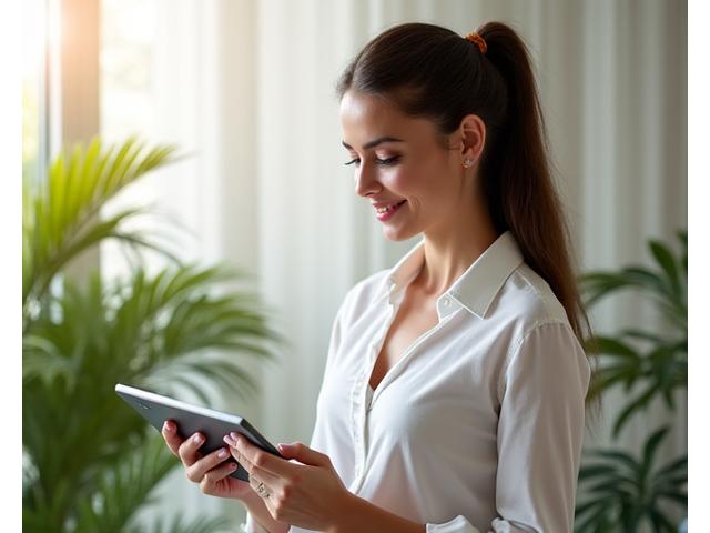 A woman reviewing a personalized wellness plan on a tablet, surrounded by natural elements like green leaves and soft light, symbolizing tailored health.