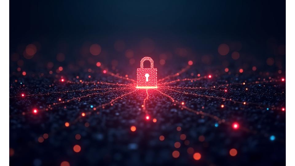 Abstract depiction of digital protection, with lines of code and a glowing padlock icon surrounded by subtle, organic green tones.