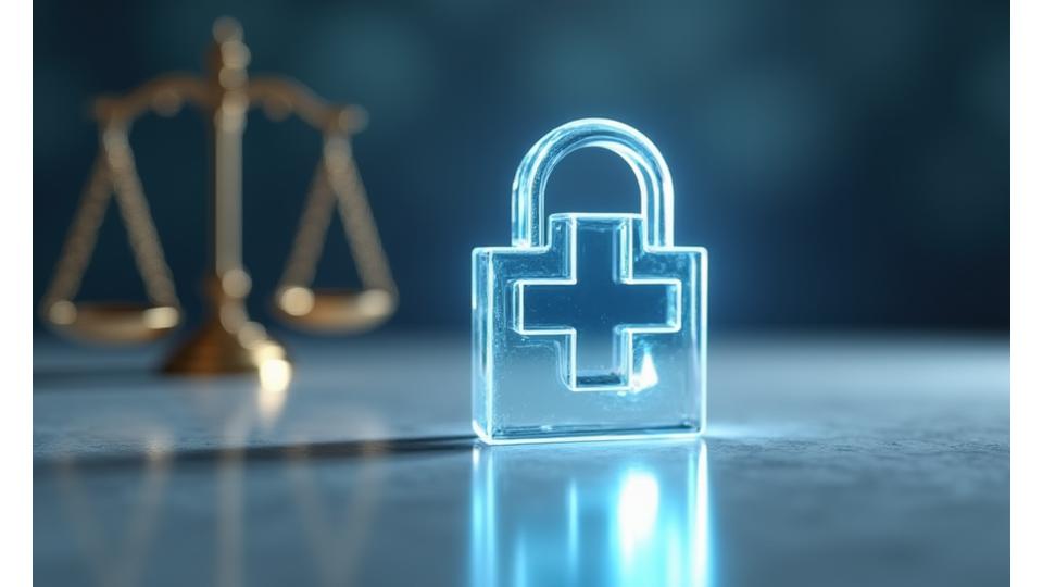 Visual representation of HIPAA compliance, with medical symbols, a lock, and legal scales in a clean, professional, and trustworthy aesthetic.