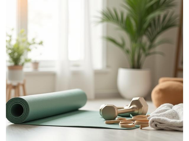 Minimalist home fitness setup with resistance bands, a yoga mat, and light dumbbells.