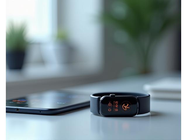 A modern health wearable device on a wrist, reflecting data on a screen, next to a precise digital scale.