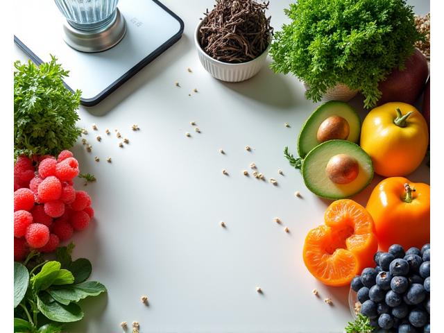 A vibrant assortment of fresh, healthy ingredients on a kitchen counter with modern cooking tools.