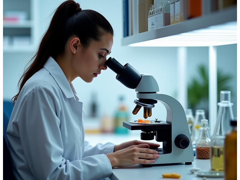 A wellness professional in a modern lab examining natural supplement ingredients under a microscope, symbolizing rigorous testing.