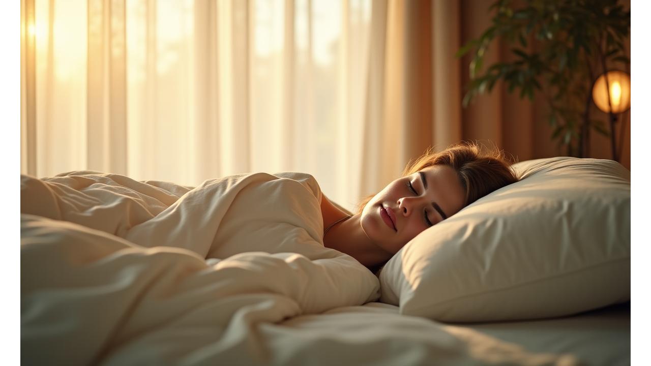 Serene bedroom with soft lighting and a peacefully sleeping adult, depicting restorative sleep.