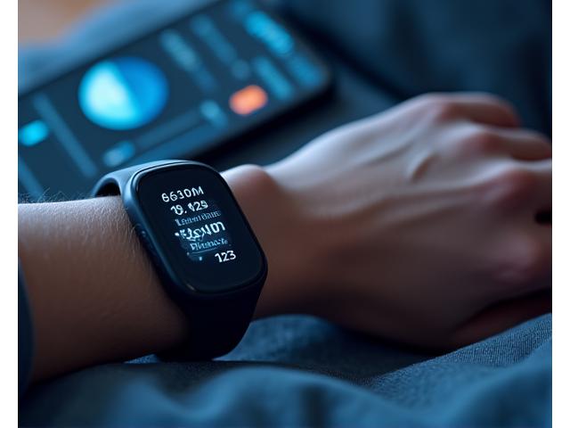 Close-up of a wrist-worn sleep tracker displaying sleep metrics on a smartphone, indicating data integration.