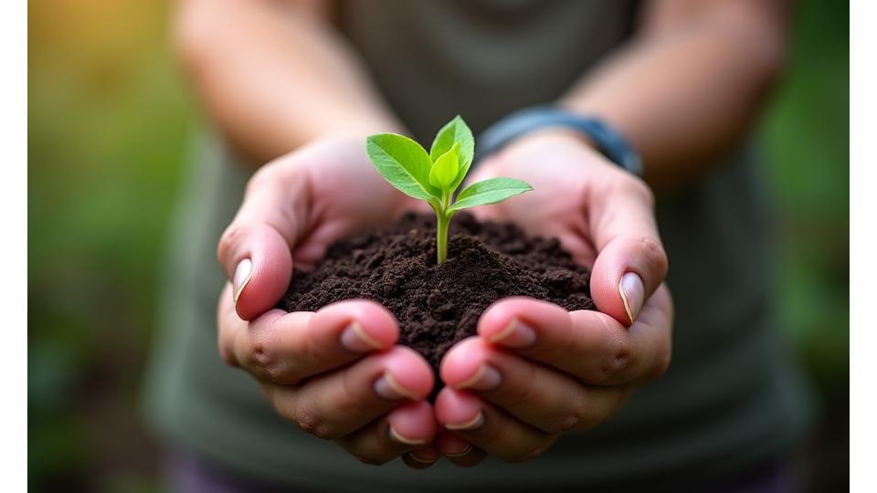 Illustration of two hands holding a seedling emerging from soil, symbolizing growth through collaboration and care.