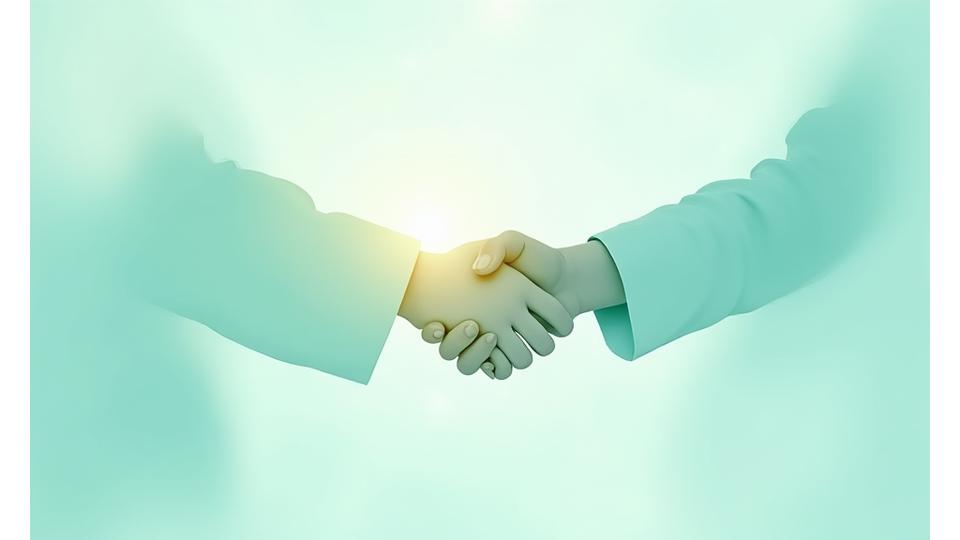 Abstract illustration of connected legal documents and a handshake, symbolizing agreement and partnership.
